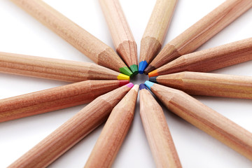 Color pencils on white background closeup 