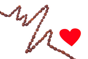 Cardiogram line of roasted coffee grains and red heart, medicine and healthcare concept