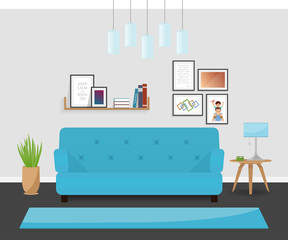 The modern interior design in turquoise colors. The cozy living room