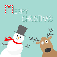 Snowman and deer. Blue background. Candy cane. Merry Christmas card. Flat design