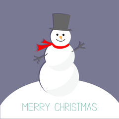 Cartoon Snowman on snowdrift. Violet background. Merry Christmas card Flat design