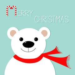 White polar bear in red scarf. Candy cane. Merry Christmas Greeting Card. Blue background. Flat design
