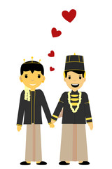 One holding hand bride couple, isolated on white
