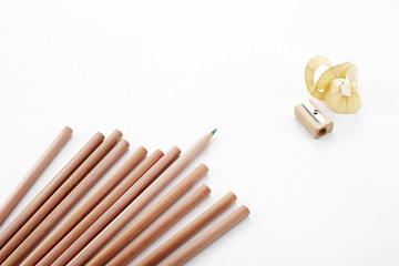 Pencils and Pencil sharpener on white background 