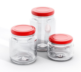 Isolated glass jars with red lids