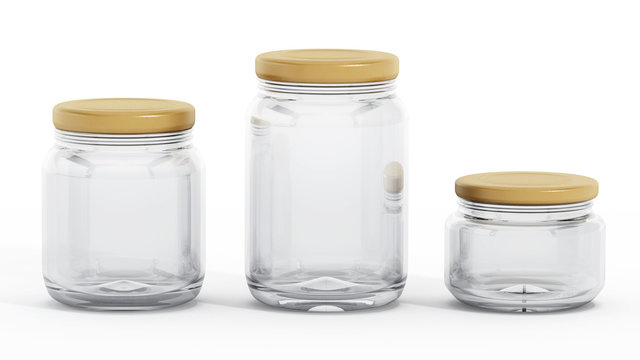 Isolated Glass Jars With Yellow Lids