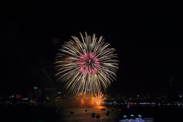 fireworks at the sea and city on background
