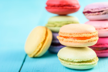 French Macaroons On Blue Background