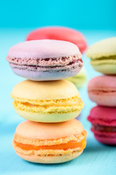 French Macaroons On Blue Background