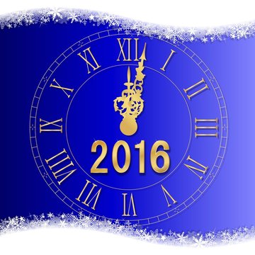 Carte vœux 2016 fond bleu avec horloge à minuit
