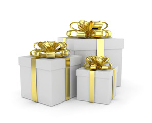 three gift boxes with bows on white