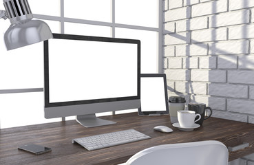 3D illustration PC screen on table in office, Workspace