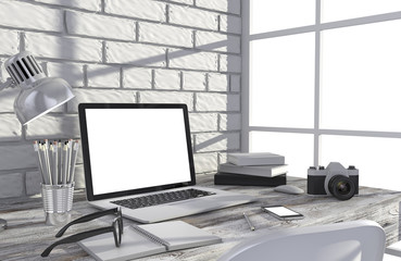 Fototapeta premium 3D illustration laptop and work stuff on table near brick wall, Workspace