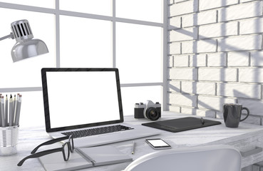 3D illustration laptop and work stuff on table near brick wall, Workspace
