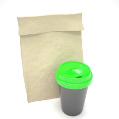 Coffee to go and lunch bag, on white.