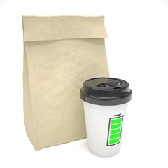 Coffee to go and lunch bag, on white.
