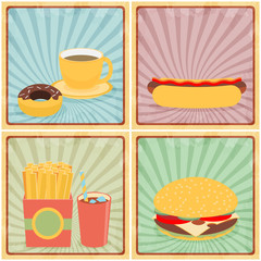 Fast junk food icons flat set on retro background
