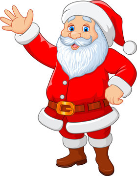 Cartoon funny Santa waving hand isolated on white background
