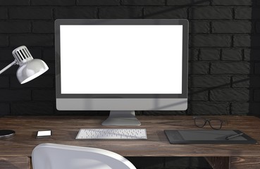 Fototapeta premium 3D illustration PC screen on table in office, Workspace