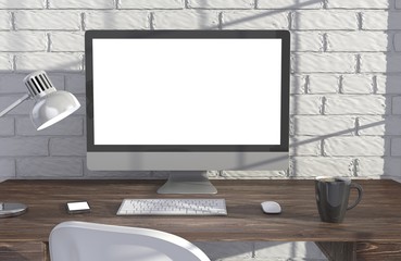 Fototapeta premium 3D illustration PC screen on table in office, Workspace