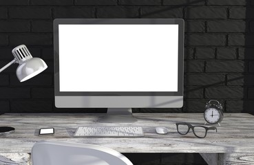 Fototapeta premium 3D illustration PC screen on table in office, Workspace