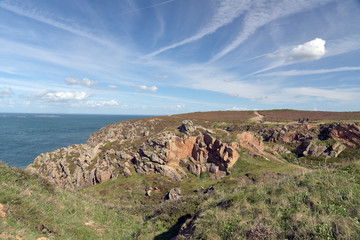 Coastal path through moorland at Grosnez Point on Jersey