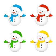 Snowmen in colorful hats and scarves