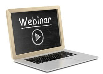  Laptop with chalkboard, video webinar, online education concept