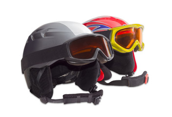 Two protective ski helmet and ski goggles