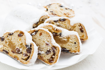 Christmas Stollen on a plate, closeup