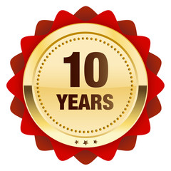 10 years seal or icon with crown symbol. Glossy golden seal or button with stars and red color.