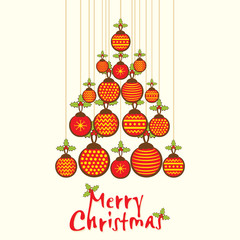 merry christmas tree design by hanging ball greeting card design vector
