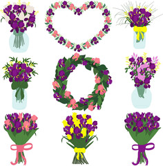 Bouquet of purple and pink irises and composition of irises tulips and freesias