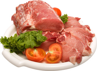 white plate containing raw meat with white streaks of fat, lettuce leaves and cherry tomatoes on the side