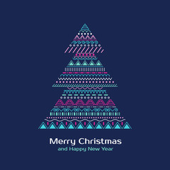 Greeting card with colored Christmas tree in tribal style