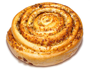 close-up of a woven loaf, brown and glazy, on a white background © Daco