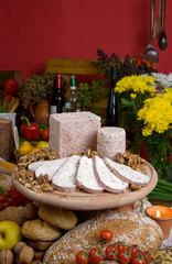 cheese on knife board in rustic surrounding
