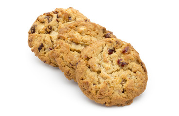 Oatmeal cookies with cranberries on a white background.