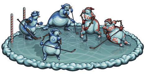 Новогодний хоккей   
Снеговики играют в хоккей на льду лесного озера