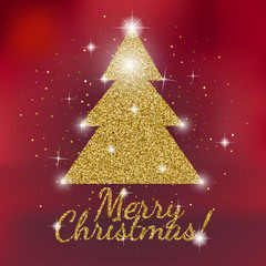 Gold sparkles Christmas tree on red background. Gold glitter Christmas tree. Merry Christmas gold sparkles text. Vector shiny design for banners, placard, flayers, postcards.