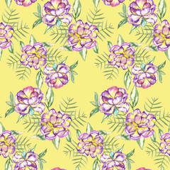 A seamless floral pattern with the watercolor violet and yellow exotic flowers and green leaves painted on a yellow background