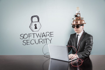 Software security concept with vintage businessman and laptop