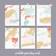 Set  of printable journaling cards for scrapbook, planner, diary with ink grunge stains.