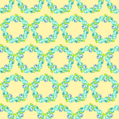 A seamless floral pattern with the wreaths of the turquoise and blue beautiful flowers painted in watercolor on a yellow background