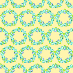 A seamless floral pattern with the wreaths of the turquoise and blue beautiful flowers painted in watercolor on a yellow background