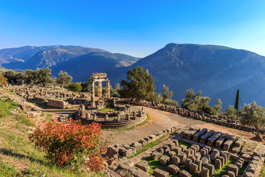 ruins Athina Pronaia temple in Ancient Delphi, Greece, Europe