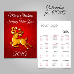 Calendar for 2016 with a Golden reindeer