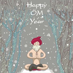 Santa yogi meditating in the forest and wishes everyone happiness. Happy OM year.