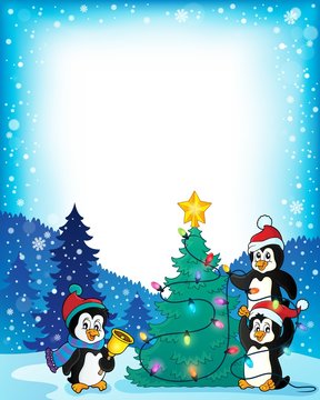 Frame with penguins and Christmas tree