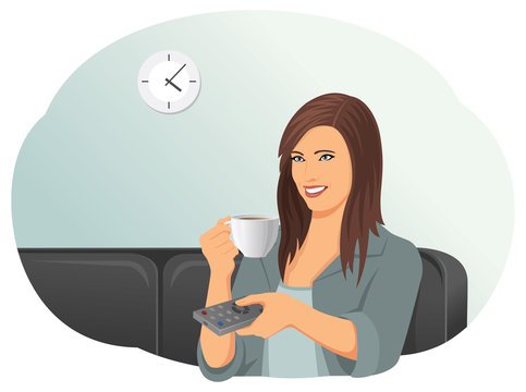 Smiling beautiful woman on a sofa is changing television channel with remote control and drinking a cup of coffee. Entertainment and relaxation.